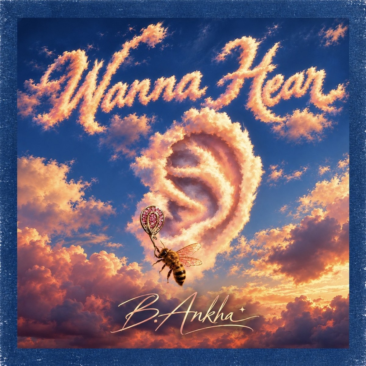 Cover art for Wanna Hear by B.Ankha: the title written in sunset clouds above a cloud shaped like an ear, with a bee holding a jeweled earring